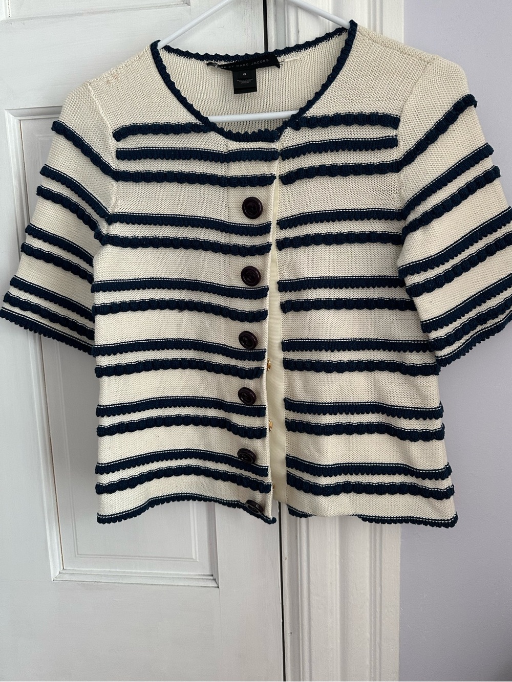 Marc by Marc Jacobs Cream and Navy Striped Short-Sleeve Sweater